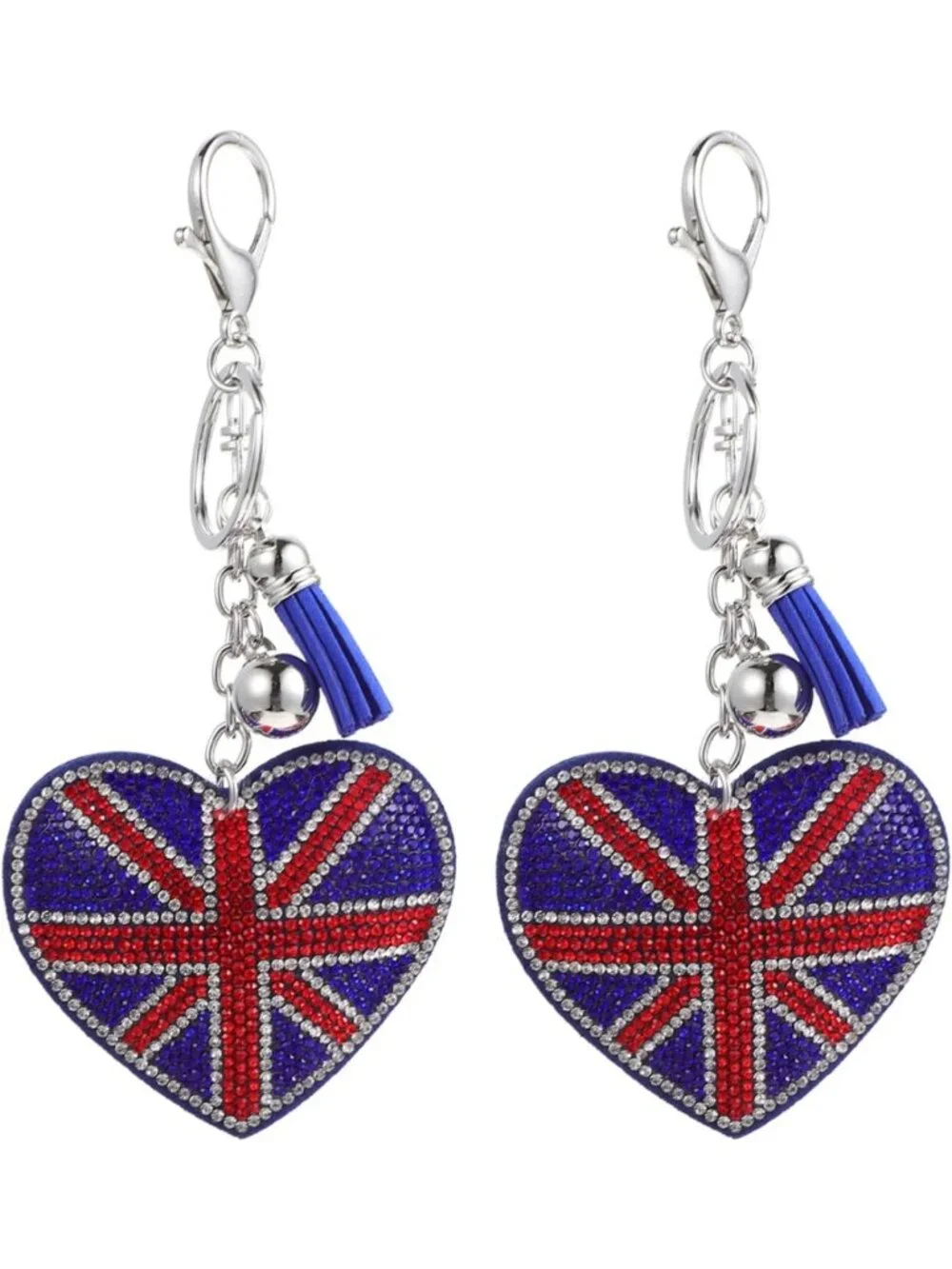 Heart-Shaped Union Jack Rhinestone Keychain Set of 2 | British Flag Bag Charm